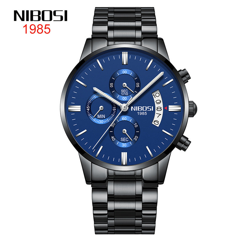 NIBOSI Butterfly Snap massief stalen band herenhorloge Waterdicht gecoat glas Lichtgevende drie ogen 6-pins quartz horloge 