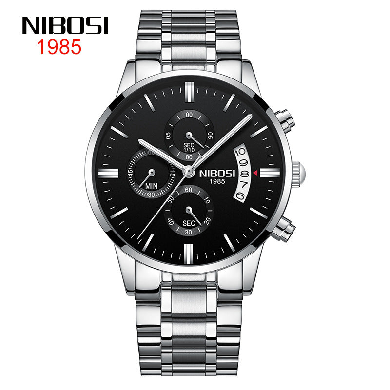 NIBOSI Butterfly Snap massief stalen band herenhorloge Waterdicht gecoat glas Lichtgevende drie ogen 6-pins quartz horloge 