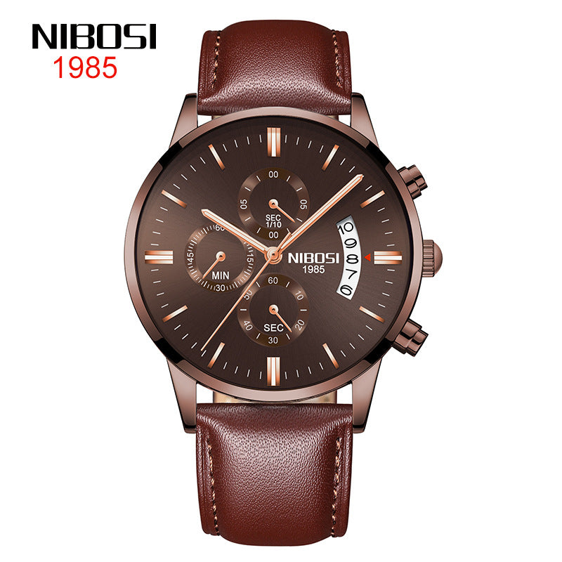 NIBOSI Butterfly Snap massief stalen band herenhorloge Waterdicht gecoat glas Lichtgevende drie ogen 6-pins quartz horloge 