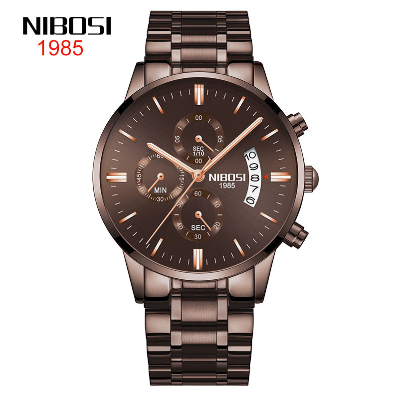 NIBOSI Butterfly Snap massief stalen band herenhorloge Waterdicht gecoat glas Lichtgevende drie ogen 6-pins quartz horloge 