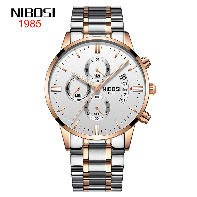 NIBOSI Butterfly Snap massief stalen band herenhorloge Waterdicht gecoat glas Lichtgevende drie ogen 6-pins quartz horloge 