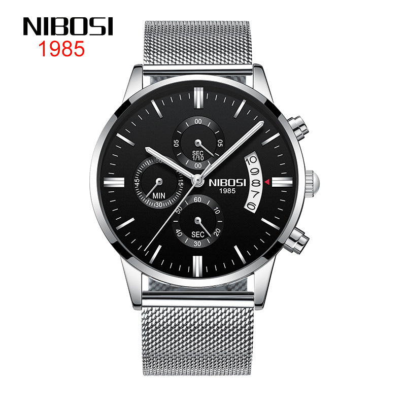 NIBOSI Butterfly Snap massief stalen band herenhorloge Waterdicht gecoat glas Lichtgevende drie ogen 6-pins quartz horloge 