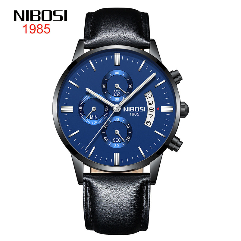 NIBOSI Butterfly Snap massief stalen band herenhorloge Waterdicht gecoat glas Lichtgevende drie ogen 6-pins quartz horloge 