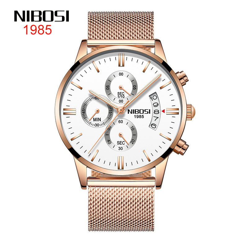 NIBOSI Butterfly Snap massief stalen band herenhorloge Waterdicht gecoat glas Lichtgevende drie ogen 6-pins quartz horloge 