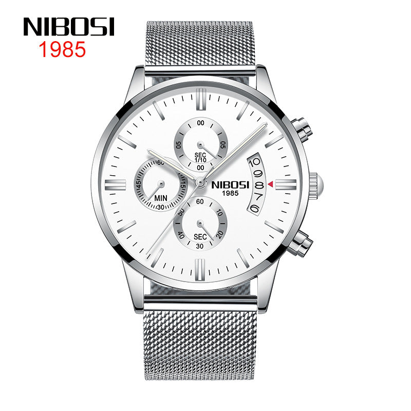 NIBOSI Butterfly Snap massief stalen band herenhorloge Waterdicht gecoat glas Lichtgevende drie ogen 6-pins quartz horloge 