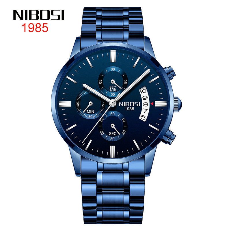 NIBOSI Butterfly Snap massief stalen band herenhorloge Waterdicht gecoat glas Lichtgevende drie ogen 6-pins quartz horloge 