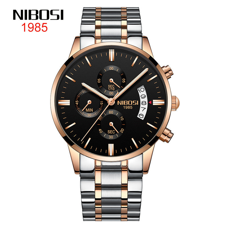 NIBOSI Butterfly Snap massief stalen band herenhorloge Waterdicht gecoat glas Lichtgevende drie ogen 6-pins quartz horloge 