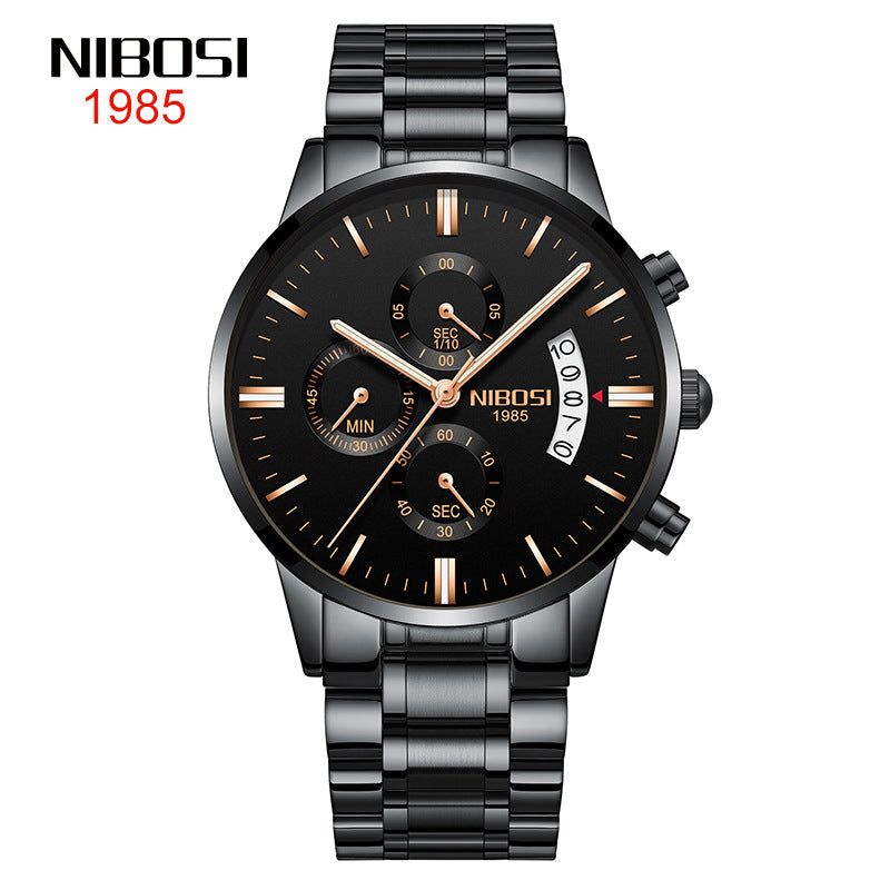 NIBOSI Butterfly Snap massief stalen band herenhorloge Waterdicht gecoat glas Lichtgevende drie ogen 6-pins quartz horloge 