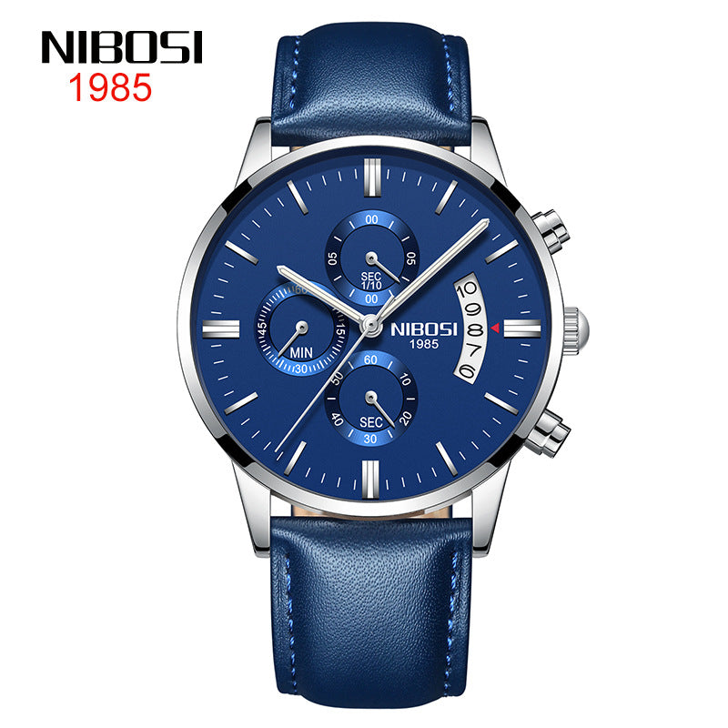 NIBOSI Butterfly Snap massief stalen band herenhorloge Waterdicht gecoat glas Lichtgevende drie ogen 6-pins quartz horloge 