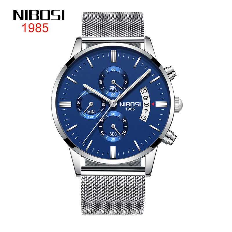 NIBOSI Butterfly Snap massief stalen band herenhorloge Waterdicht gecoat glas Lichtgevende drie ogen 6-pins quartz horloge 