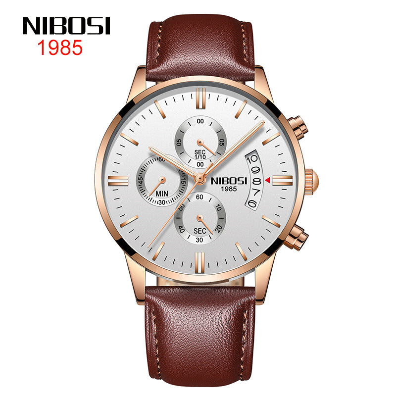 NIBOSI Butterfly Snap massief stalen band herenhorloge Waterdicht gecoat glas Lichtgevende drie ogen 6-pins quartz horloge 