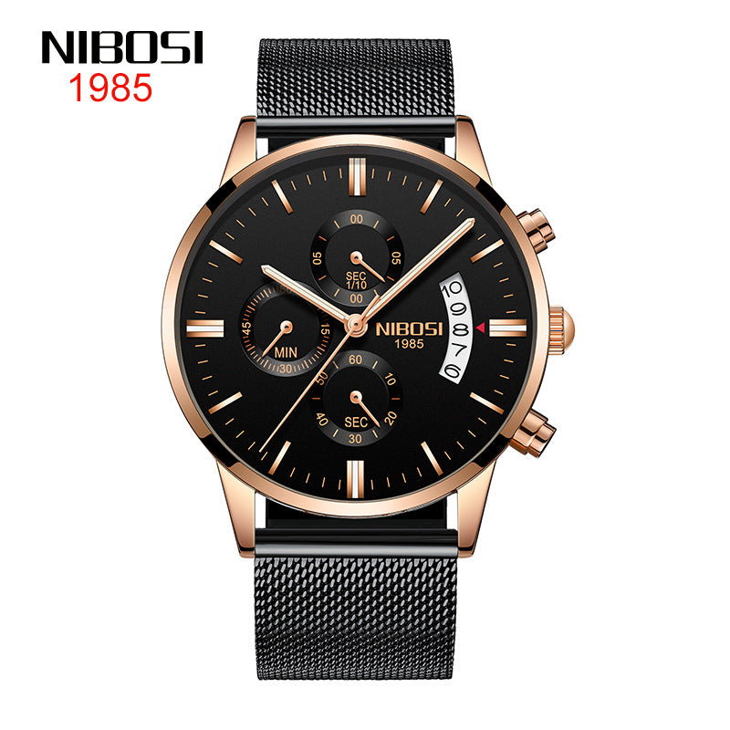 NIBOSI Butterfly Snap massief stalen band herenhorloge Waterdicht gecoat glas Lichtgevende drie ogen 6-pins quartz horloge 