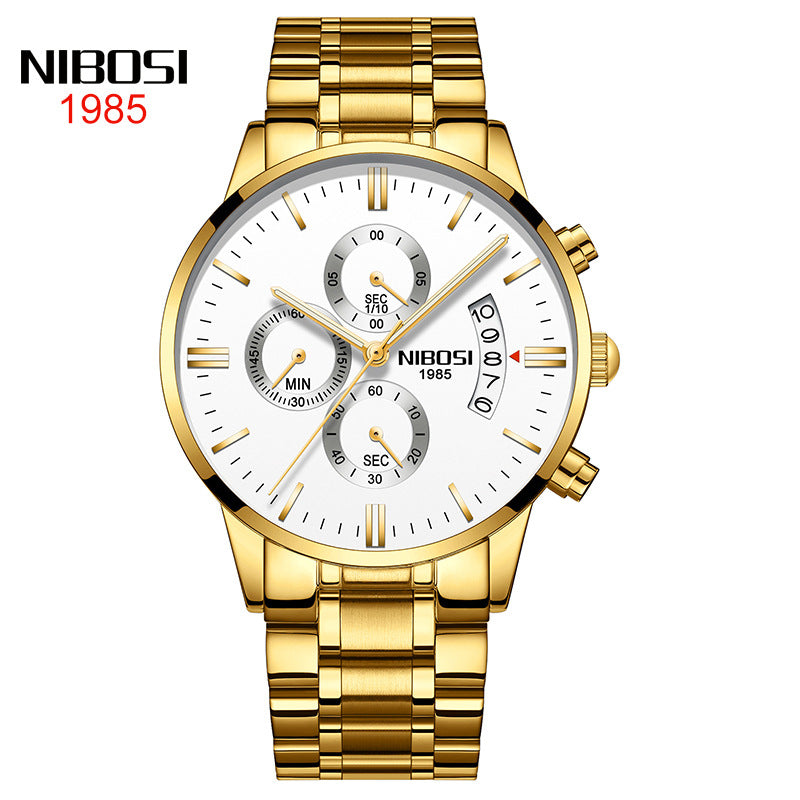 NIBOSI Butterfly Snap massief stalen band herenhorloge Waterdicht gecoat glas Lichtgevende drie ogen 6-pins quartz horloge 