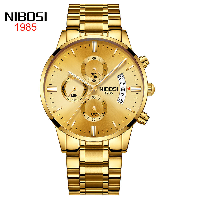 NIBOSI Butterfly Snap massief stalen band herenhorloge Waterdicht gecoat glas Lichtgevende drie ogen 6-pins quartz horloge 