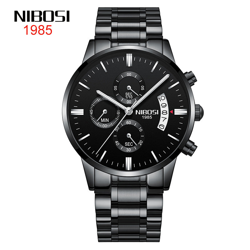 NIBOSI Butterfly Snap massief stalen band herenhorloge Waterdicht gecoat glas Lichtgevende drie ogen 6-pins quartz horloge 