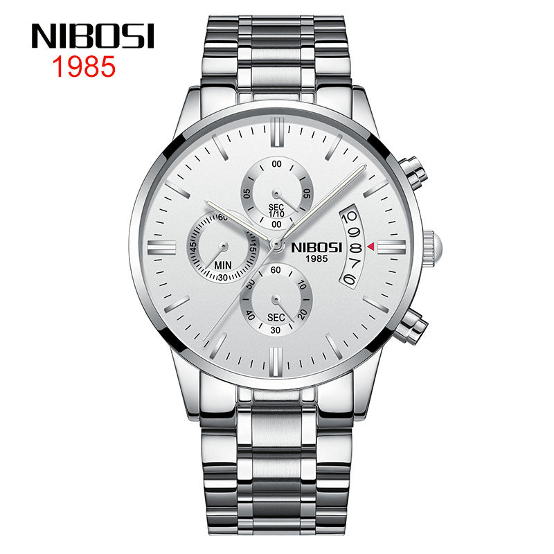 NIBOSI Butterfly Snap massief stalen band herenhorloge Waterdicht gecoat glas Lichtgevende drie ogen 6-pins quartz horloge 