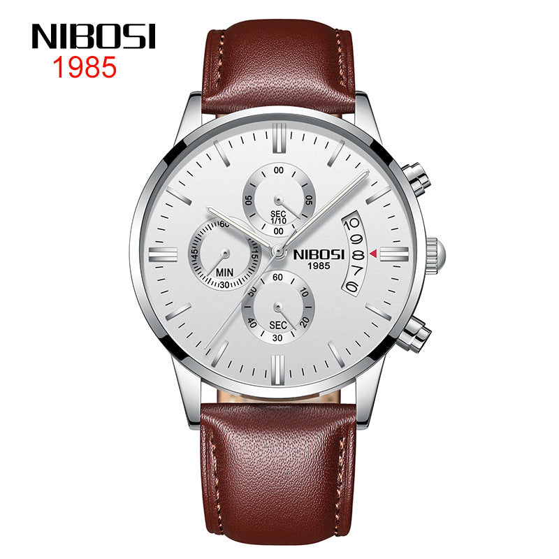 NIBOSI Butterfly Snap massief stalen band herenhorloge Waterdicht gecoat glas Lichtgevende drie ogen 6-pins quartz horloge 