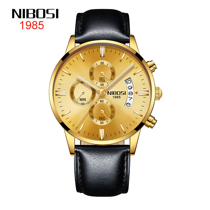 NIBOSI Butterfly Snap massief stalen band herenhorloge Waterdicht gecoat glas Lichtgevende drie ogen 6-pins quartz horloge 