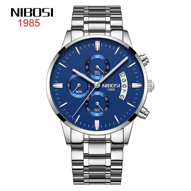 NIBOSI Butterfly Snap massief stalen band herenhorloge Waterdicht gecoat glas Lichtgevende drie ogen 6-pins quartz horloge 