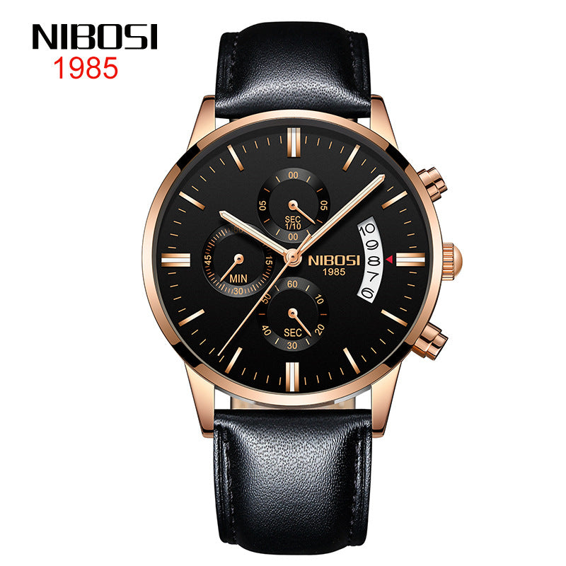 NIBOSI Butterfly Snap massief stalen band herenhorloge Waterdicht gecoat glas Lichtgevende drie ogen 6-pins quartz horloge 