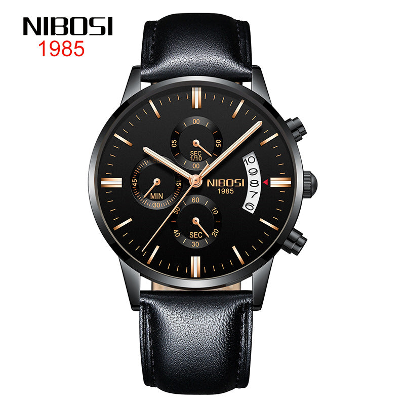 NIBOSI Butterfly Snap massief stalen band herenhorloge Waterdicht gecoat glas Lichtgevende drie ogen 6-pins quartz horloge 