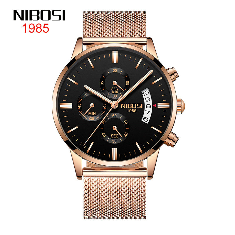 NIBOSI Butterfly Snap massief stalen band herenhorloge Waterdicht gecoat glas Lichtgevende drie ogen 6-pins quartz horloge 