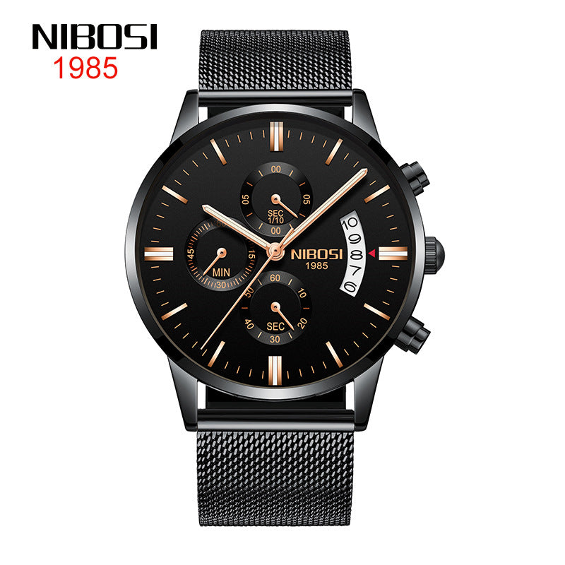 NIBOSI Butterfly Snap massief stalen band herenhorloge Waterdicht gecoat glas Lichtgevende drie ogen 6-pins quartz horloge 