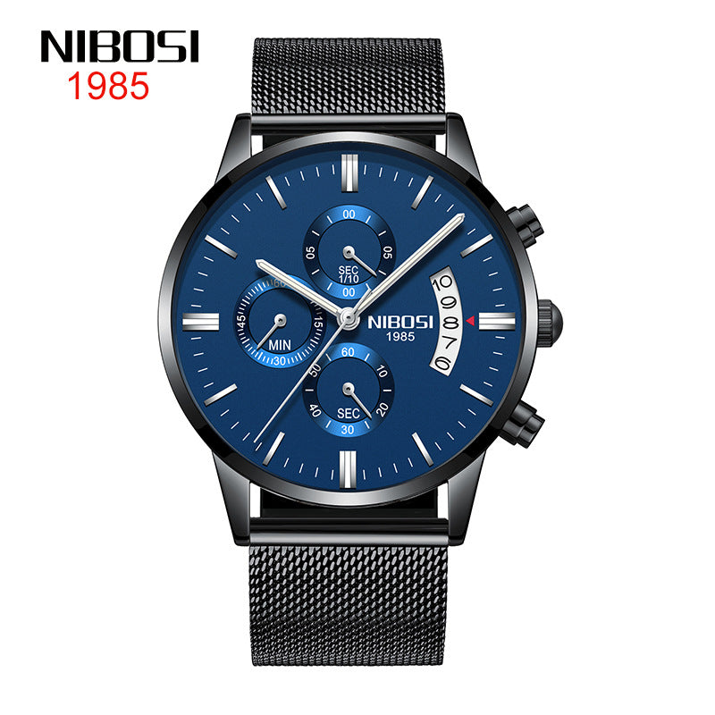 NIBOSI Butterfly Snap massief stalen band herenhorloge Waterdicht gecoat glas Lichtgevende drie ogen 6-pins quartz horloge 