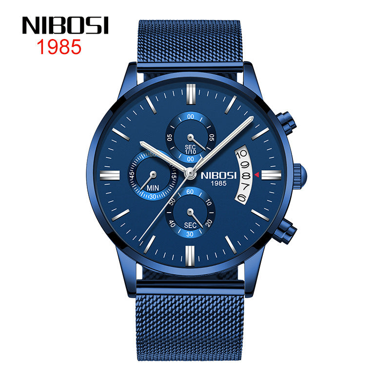 NIBOSI Butterfly Snap massief stalen band herenhorloge Waterdicht gecoat glas Lichtgevende drie ogen 6-pins quartz horloge 