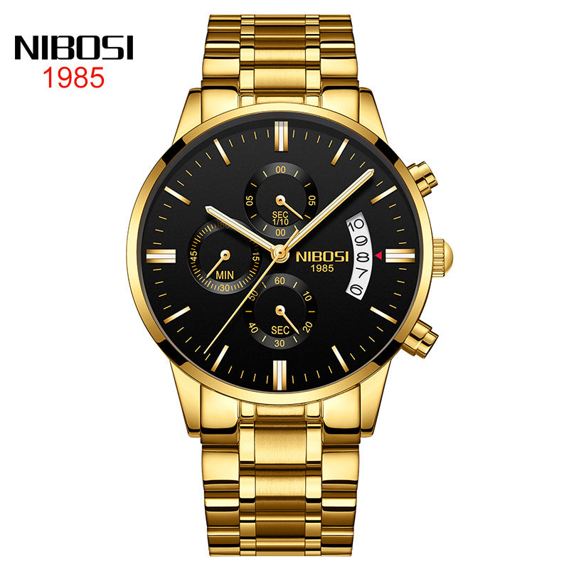 NIBOSI Butterfly Snap massief stalen band herenhorloge Waterdicht gecoat glas Lichtgevende drie ogen 6-pins quartz horloge 