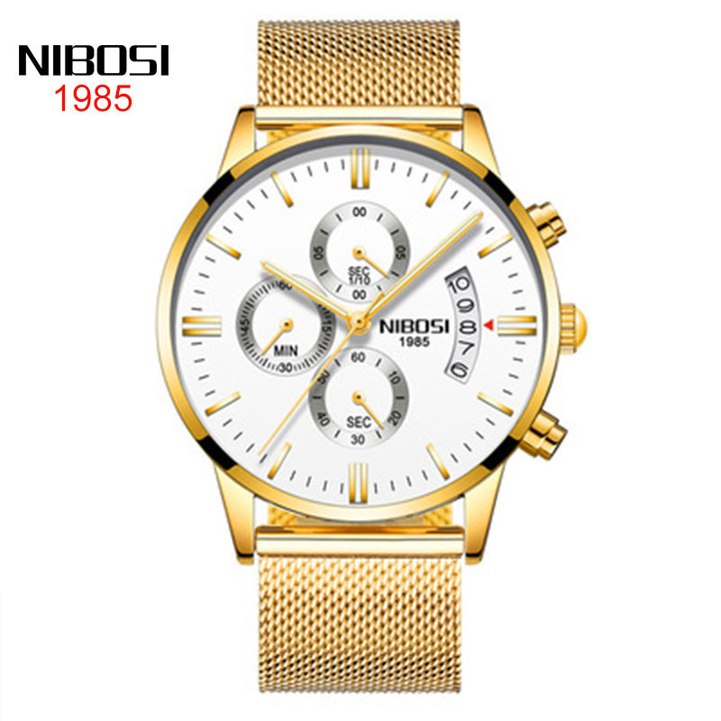 NIBOSI Butterfly Snap massief stalen band herenhorloge Waterdicht gecoat glas Lichtgevende drie ogen 6-pins quartz horloge 