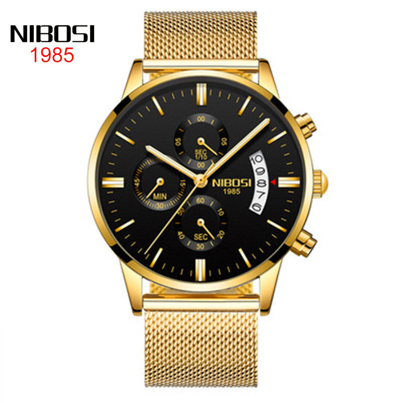 NIBOSI Butterfly Snap massief stalen band herenhorloge Waterdicht gecoat glas Lichtgevende drie ogen 6-pins quartz horloge 