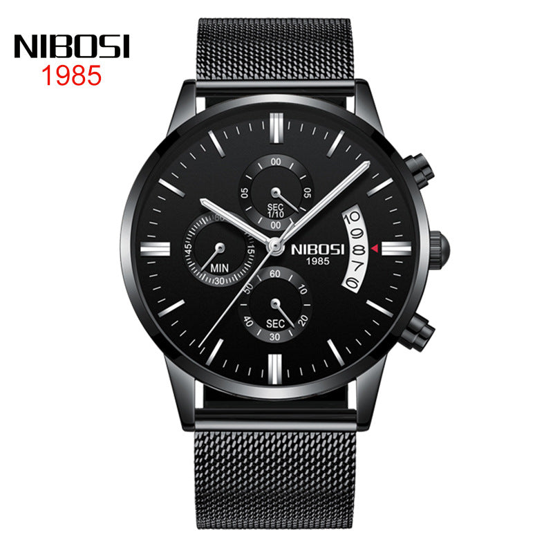 NIBOSI Butterfly Snap massief stalen band herenhorloge Waterdicht gecoat glas Lichtgevende drie ogen 6-pins quartz horloge 