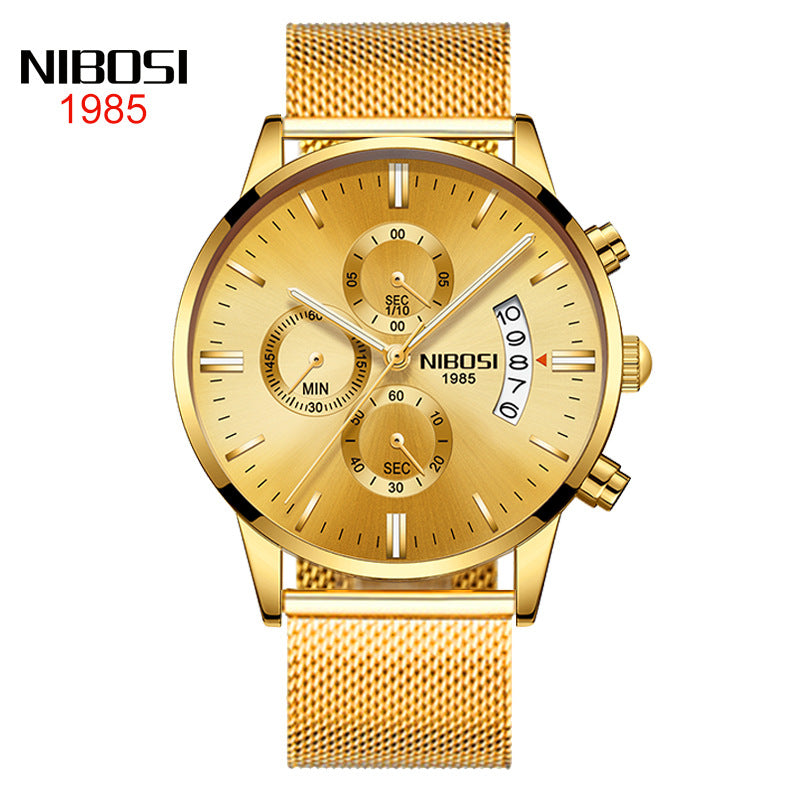 NIBOSI Butterfly Snap massief stalen band herenhorloge Waterdicht gecoat glas Lichtgevende drie ogen 6-pins quartz horloge 