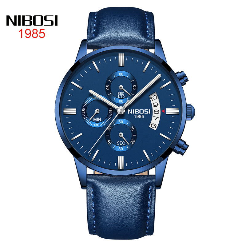 NIBOSI Butterfly Snap massief stalen band herenhorloge Waterdicht gecoat glas Lichtgevende drie ogen 6-pins quartz horloge 