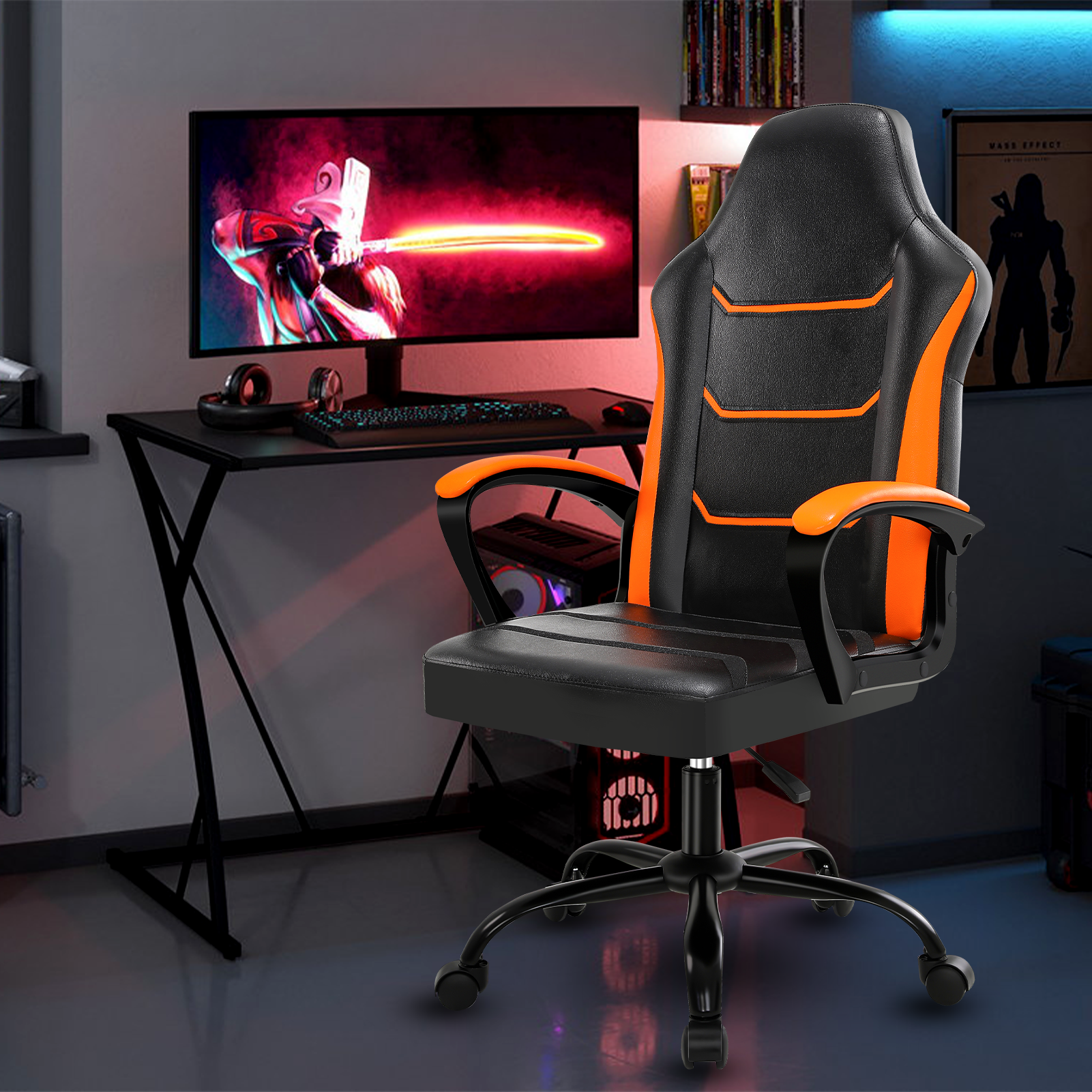 Video Game Chairs,  Computer Gaming Chair with Breathable PU Leather, Height Adjustable Computer Chair, Racing E-Sport Gamer Chair for Adults and Teenagers, Orange