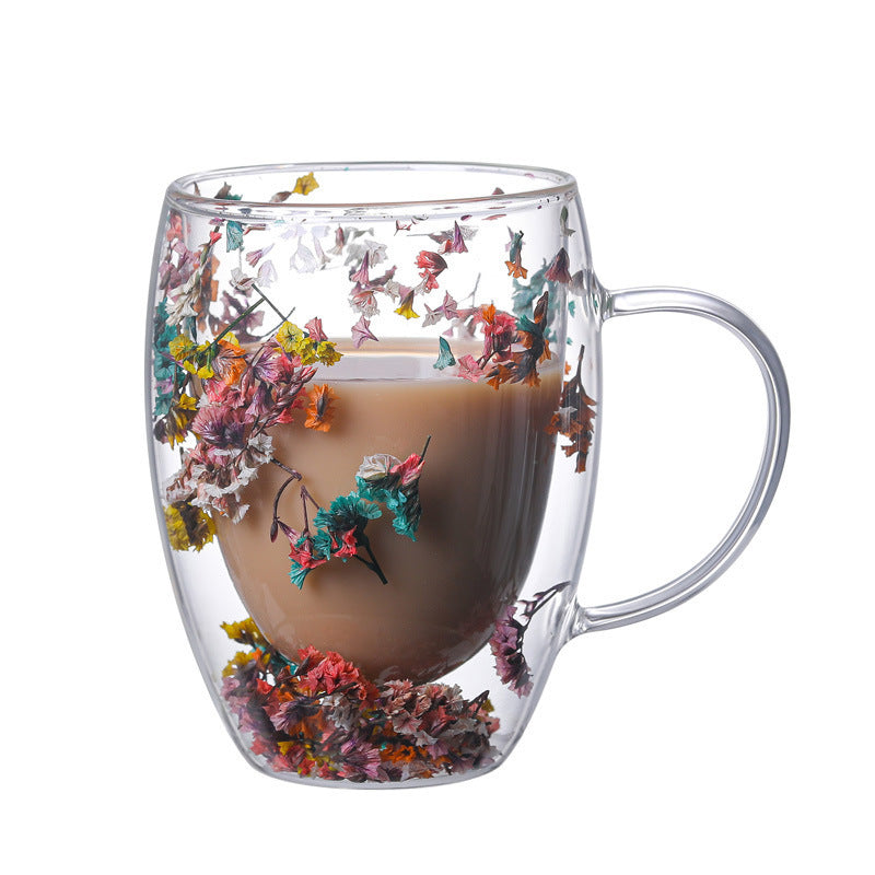 Real Flower Double Layer Glass Cup Borosilicate Simple