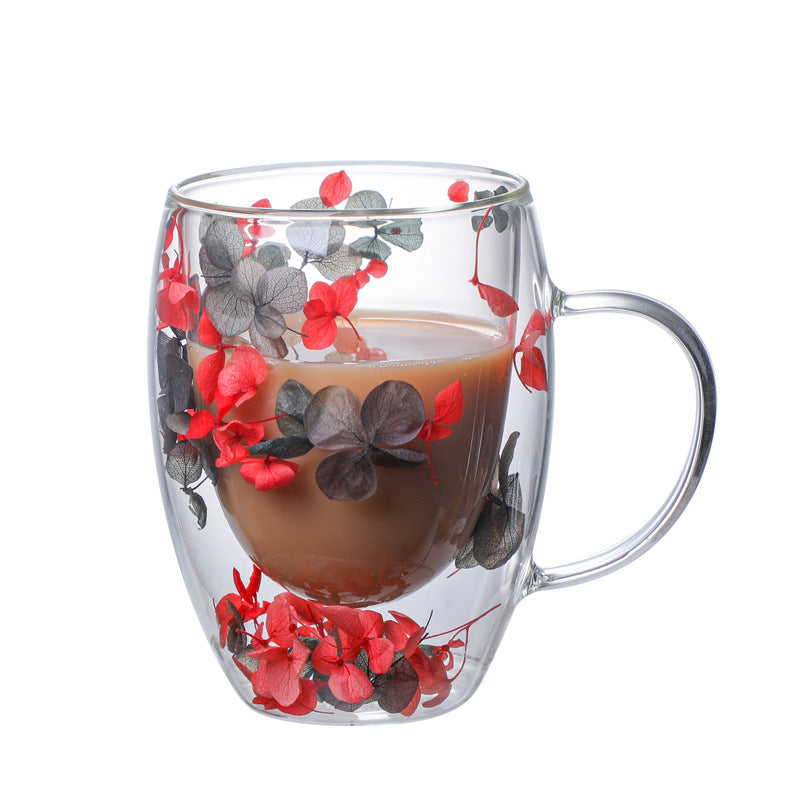 Real Flower Double Layer Glass Cup Borosilicate Simple