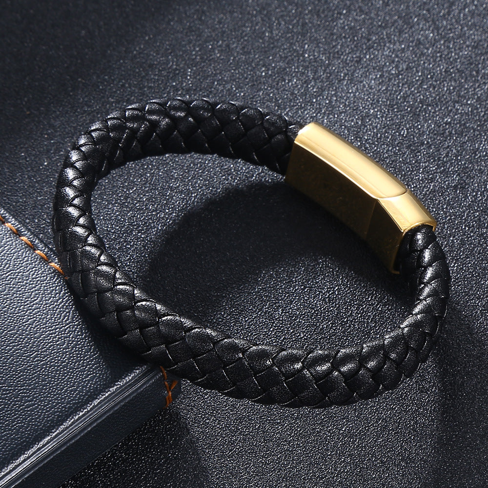 5 Color Woven Geometric Microfiber Leather Men&#039;s And Women&#039;s Stainless Steel Leather Rope Bracelet Laser Lettering