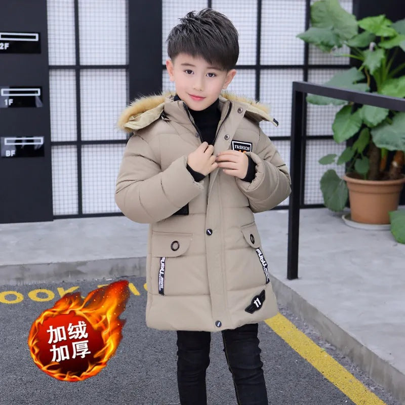 2024 Boys' Winter New Style Cotton-padded Coat Thickened Mid-length Cotton-padded Jacket For Boys