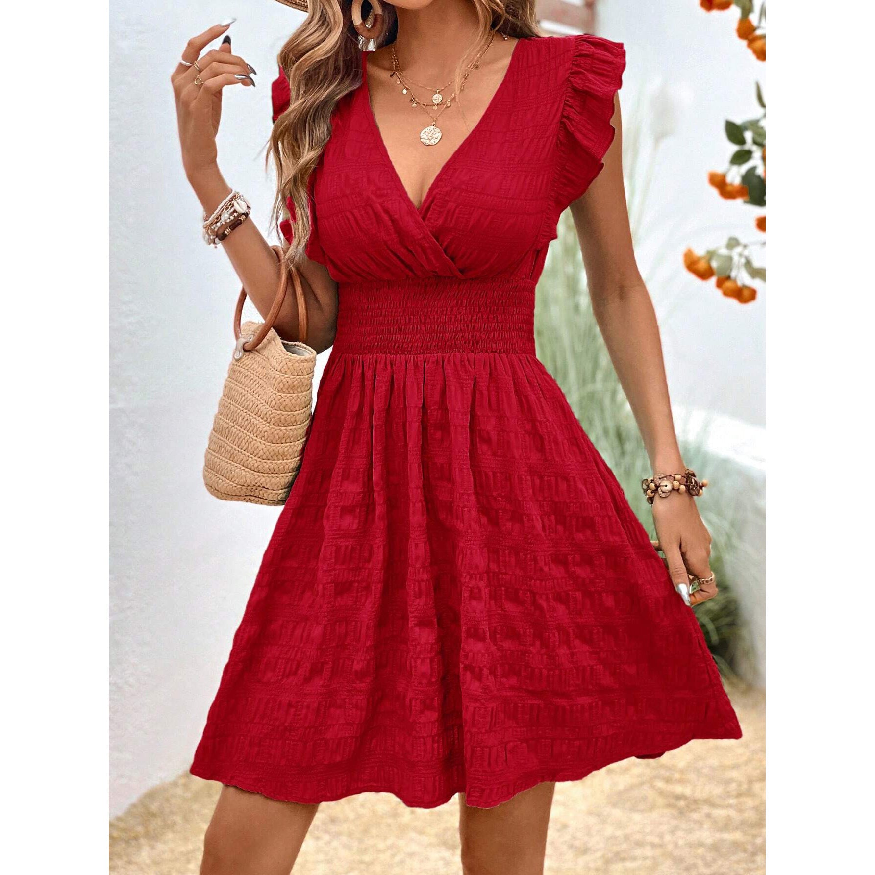 New V-neck Pleated Dress Slim-fit Slim European And American Style