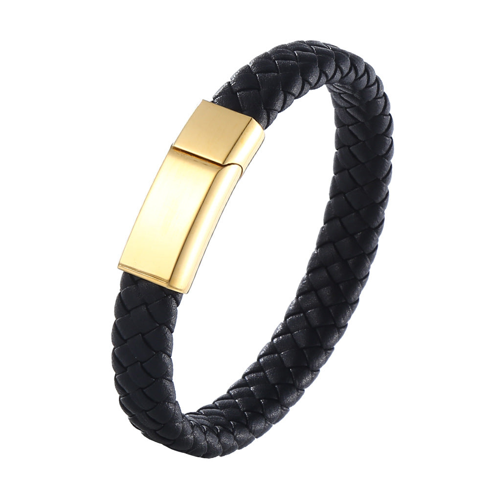 5 Color Woven Geometric Microfiber Leather Men&#039;s And Women&#039;s Stainless Steel Leather Rope Bracelet Laser Lettering