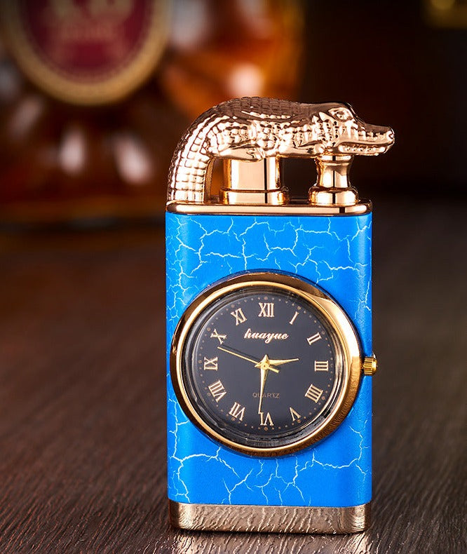 Switch Lighter With Quartz Watch Metal Punch Windproof Blue Flame Alligator Head Lighter