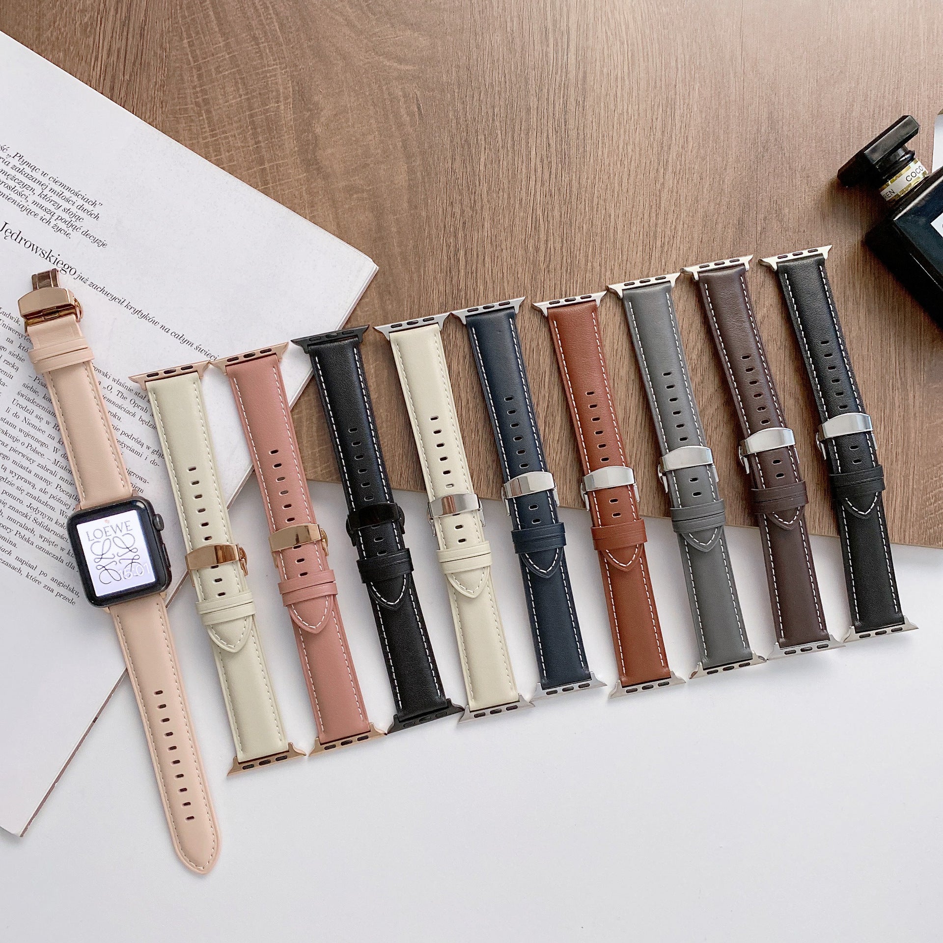 Geschikt voor Apple Watch vlindergesp lederen band IWatch 6 7 Car Line echt leer Hoogwaardige vlindergesp