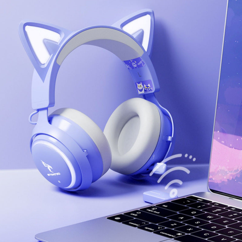 Cat Ear-koptelefoon, 2,4 GHz draadloze gaming-headset voor PS4/5, pc, Bluetooth, voor smartphone, intrekbare microfoon, RGB-verlichting, 7.1 surround sound, schattig kattenoor voor meisjes