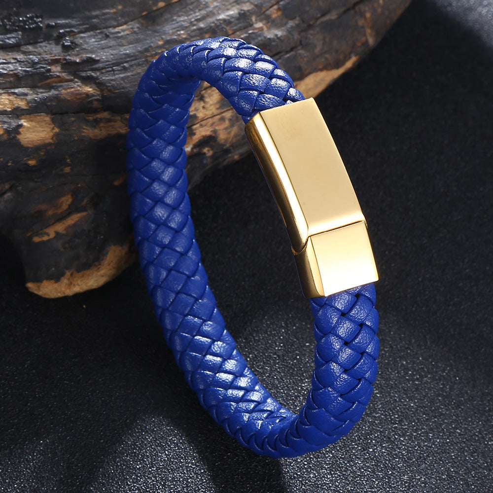 5 Color Woven Geometric Microfiber Leather Men&#039;s And Women&#039;s Stainless Steel Leather Rope Bracelet Laser Lettering