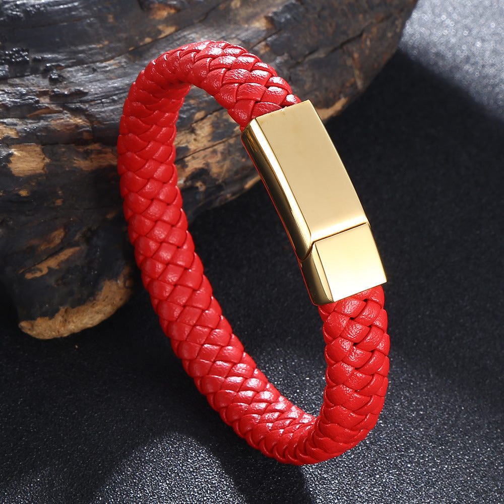 5 Color Woven Geometric Microfiber Leather Men&#039;s And Women&#039;s Stainless Steel Leather Rope Bracelet Laser Lettering