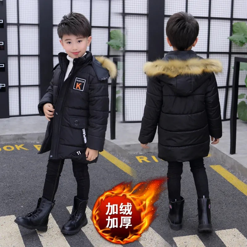 2024 Boys' Winter New Style Cotton-padded Coat Thickened Mid-length Cotton-padded Jacket For Boys