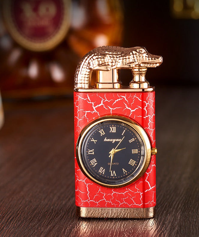 Switch Lighter With Quartz Watch Metal Punch Windproof Blue Flame Alligator Head Lighter