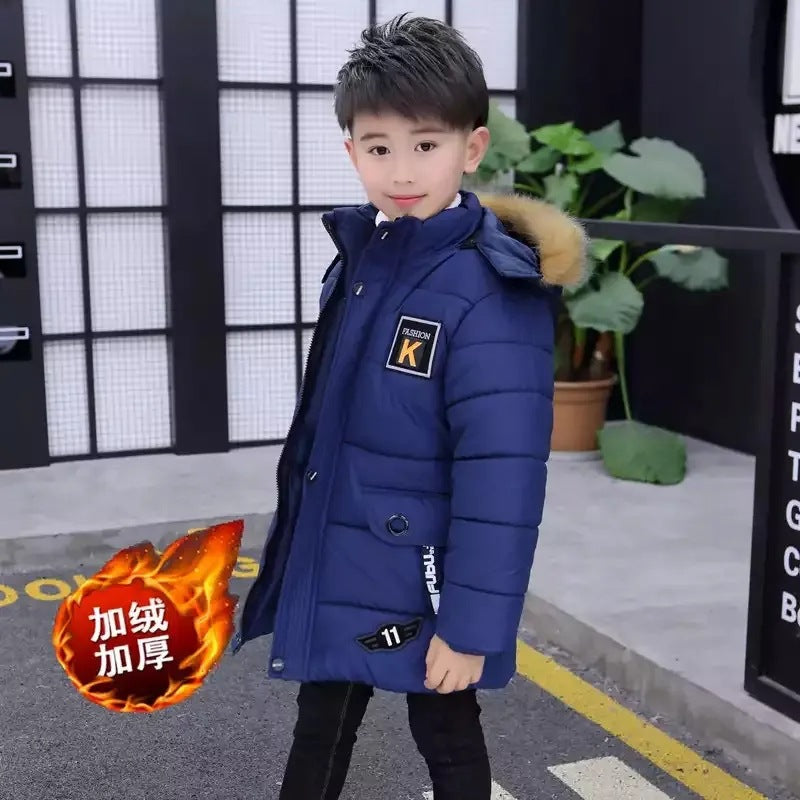 2024 Boys' Winter New Style Cotton-padded Coat Thickened Mid-length Cotton-padded Jacket For Boys